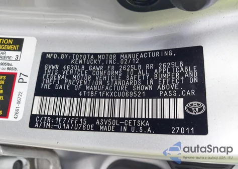 2012 Toyota Camry Se из США, поврежденный, VIN 4T1BF1FKXCU069521